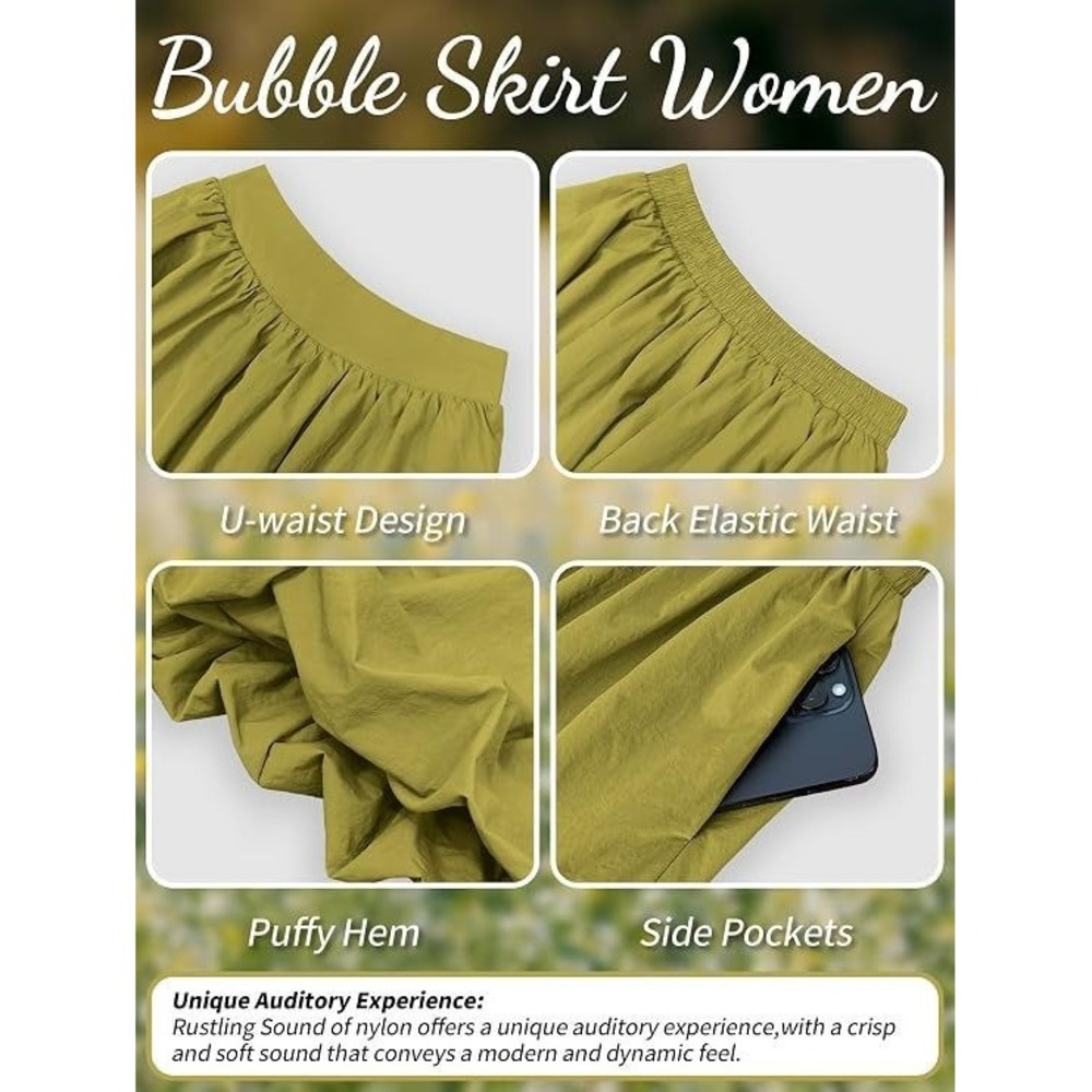 Elleven Women's Puffy Bubble Maxi Skirt w/ Pockets & Elastic Waist - Green - M - Picture 5 of 5